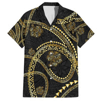 Hawaiian Kakau Art and Hisbiscus Tattoo Family Matching Off Shoulder Short Dress and Hawaiian Shirt Tribal Pattern-Gold Style LT03 Dad's Shirt - Short Sleeve Black - Polynesian Pride