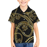 Hawaiian Kakau Art and Hisbiscus Tattoo Family Matching Short Sleeve Bodycon Dress and Hawaiian Shirt Tribal Pattern-Gold Style LT03 Son's Shirt Black - Polynesian Pride