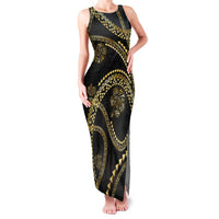 Hawaiian Kakau Art and Hisbiscus Tattoo Family Matching Tank Maxi Dress and Hawaiian Shirt Tribal Pattern-Gold Style LT03 Mom's Dress Black - Polynesian Pride