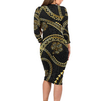 Hawaiian Kakau Art and Hisbiscus Tattoo Long Sleeve Bodycon Dress Tribal Pattern-Gold Style LT03 - Polynesian Pride