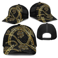Hawaiian Kakau Art and Hisbiscus Tattoo Mesh Trucker Cap Tribal Pattern-Gold Style - Polynesian Pride