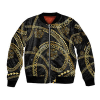 Hawaiian Kakau Art and Hisbiscus Tattoo Sleeve Zip Bomber Jacket Tribal Pattern-Gold Style LT03 Unisex Black - Polynesian Pride