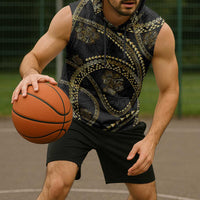 Hawaiian Kakau Art and Hisbiscus Tattoo Sleeveless Hoodie Tribal Pattern-Gold Style - Polynesian Pride