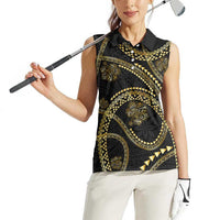 Hawaiian Kakau Art and Hisbiscus Tattoo Women Sleeveless Polo Shirt Tribal Pattern-Gold Style - Polynesian Pride