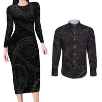 Hawaiian Kakau Art and Hisbiscus Tattoo Couples Matching Long Sleeve Bodycon Dress and Long Sleeve Button Shirt Tribal Pattern-Black Gradient Style - Polynesian Pride