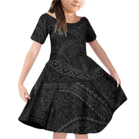 Hawaiian Kakau Art and Hisbiscus Tattoo Family Matching Off Shoulder Short Dress and Hawaiian Shirt Tribal Pattern-Black Gradient Style LT03 Daughter's Dress Black - Polynesian Pride
