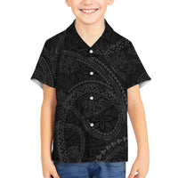 Hawaiian Kakau Art and Hisbiscus Tattoo Family Matching Summer Maxi Dress and Hawaiian Shirt Tribal Pattern-Black Gradient Style LT03 Son's Shirt Black - Polynesian Pride