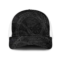 Hawaiian Kakau Art and Hisbiscus Tattoo Mesh Trucker Cap Tribal Pattern-Black Gradient Style - Polynesian Pride