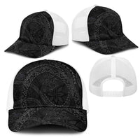 Hawaiian Kakau Art and Hisbiscus Tattoo Mesh Trucker Cap Tribal Pattern-Black Gradient Style - Polynesian Pride