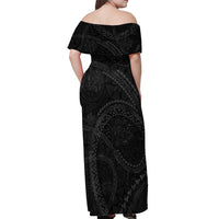 Hawaiian Kakau Art and Hisbiscus Tattoo Off Shoulder Maxi Dress Tribal Pattern-Black Gradient Style LT03 - Polynesian Pride