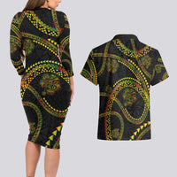 Hawaiian Kakau Art and Hisbiscus Tattoo Couples Matching Long Sleeve Bodycon Dress and Hawaiian Shirt Tribal Pattern-Reggae Style LT03 - Polynesian Pride