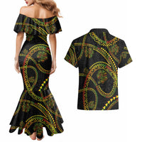 Hawaiian Kakau Art and Hisbiscus Tattoo Couples Matching Mermaid Dress and Hawaiian Shirt Tribal Pattern-Reggae Style - Polynesian Pride