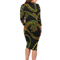 Hawaiian Kakau Art and Hisbiscus Tattoo Family Matching Long Sleeve Bodycon Dress and Hawaiian Shirt Tribal Pattern-Reggae Style LT03 - Polynesian Pride