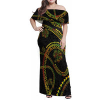 Hawaiian Kakau Art and Hisbiscus Tattoo Family Matching Off Shoulder Maxi Dress and Hawaiian Shirt Tribal Pattern-Reggae Style LT03 Mom's Dress Black - Polynesian Pride