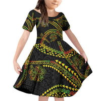 Hawaiian Kakau Art and Hisbiscus Tattoo Family Matching Off Shoulder Short Dress and Hawaiian Shirt Tribal Pattern-Reggae Style LT03 Daughter's Dress Black - Polynesian Pride