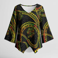 Hawaiian Kakau Art and Hisbiscus Tattoo Kimono Sleeve Blouse Tribal Pattern-Reggae Style LT03 Female Black - Polynesian Pride
