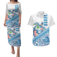 Hawaiian Abstract Sea Turtle Couples Matching Puletasi and Hawaiian Shirt Polynesian Tapa Art and Kakau Tattoo White WaterColor LT03 White - Polynesian Pride