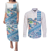 Hawaiian Abstract Sea Turtle Couples Matching Puletasi and Long Sleeve Button Shirt Polynesian Tapa Art and Kakau Tattoo White WaterColor LT03 White - Polynesian Pride