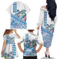Hawaiian Abstract Sea Turtle Family Matching Off The Shoulder Long Sleeve Dress and Hawaiian Shirt Polynesian Tapa Art and Kakau Tattoo White WaterColor LT03 - Polynesian Pride