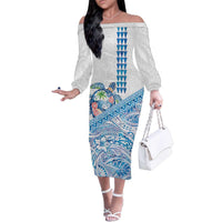 Hawaiian Abstract Sea Turtle Family Matching Off The Shoulder Long Sleeve Dress and Hawaiian Shirt Polynesian Tapa Art and Kakau Tattoo White WaterColor LT03 Mom's Dress White - Polynesian Pride