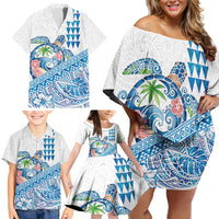 Hawaiian Abstract Sea Turtle Family Matching Off Shoulder Short Dress and Hawaiian Shirt Polynesian Tapa Art and Kakau Tattoo White WaterColor LT03 - Polynesian Pride