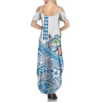 Hawaiian Abstract Sea Turtle Family Matching Summer Maxi Dress and Hawaiian Shirt Polynesian Tapa Art and Kakau Tattoo White WaterColor LT03 - Polynesian Pride
