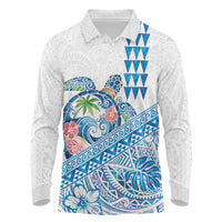 Hawaiian Abstract Sea Turtle Long Sleeve Polo Shirt Polynesian Tapa Art and Kakau Tattoo White WaterColor LT03 White - Polynesian Pride
