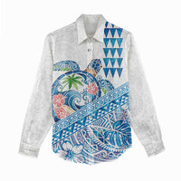 Hawaiian Abstract Sea Turtle Women Casual Shirt Polynesian Tapa Art and Kakau Tattoo White WaterColor LT03 - Polynesian Pride