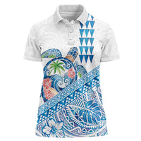 Hawaiian Abstract Sea Turtle Women Polo Shirt Polynesian Tapa Art and Kakau Tattoo White WaterColor LT03 Female White - Polynesian Pride