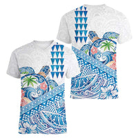 Hawaiian Abstract Sea Turtle Women V-Neck T-Shirt Polynesian Tapa Art and Kakau Tattoo White WaterColor LT03 - Polynesian Pride