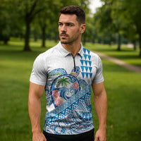 Hawaiian Abstract Sea Turtle Zipper Polo Shirt Polynesian Tapa Art and Kakau Tattoo White WaterColor LT03 - Polynesian Pride