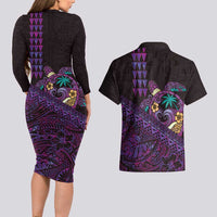 Hawaiian Abstract Sea Turtle Couples Matching Long Sleeve Bodycon Dress and Hawaiian Shirt Polynesian Tapa Art and Kakau Tattoo Purple WaterColor LT03 - Polynesian Pride