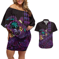 Hawaiian Abstract Sea Turtle Couples Matching Off Shoulder Short Dress and Hawaiian Shirt Polynesian Tapa Art and Kakau Tattoo Purple WaterColor LT03 Black - Polynesian Pride
