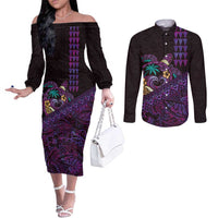 Hawaiian Abstract Sea Turtle Couples Matching Off The Shoulder Long Sleeve Dress and Long Sleeve Button Shirt Polynesian Tapa Art and Kakau Tattoo Purple WaterColor LT03 Black - Polynesian Pride