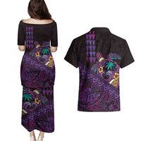 Hawaiian Abstract Sea Turtle Couples Matching Puletasi and Hawaiian Shirt Polynesian Tapa Art and Kakau Tattoo Purple WaterColor LT03 - Polynesian Pride