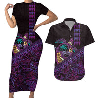 Hawaiian Abstract Sea Turtle Couples Matching Short Sleeve Bodycon Dress and Hawaiian Shirt Polynesian Tapa Art and Kakau Tattoo Purple WaterColor LT03 Black - Polynesian Pride