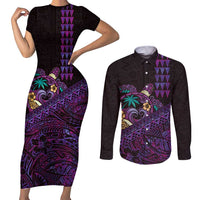 Hawaiian Abstract Sea Turtle Couples Matching Short Sleeve Bodycon Dress and Long Sleeve Button Shirt Polynesian Tapa Art and Kakau Tattoo Purple WaterColor LT03 Black - Polynesian Pride