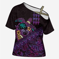 Hawaiian Abstract Sea Turtle Cross Shoulder Shirt Polynesian Tapa Art and Kakau Tattoo Purple WaterColor LT03 Female Black - Polynesian Pride