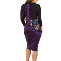 Hawaiian Abstract Sea Turtle Family Matching Long Sleeve Bodycon Dress and Hawaiian Shirt Polynesian Tapa Art and Kakau Tattoo Purple WaterColor LT03 - Polynesian Pride