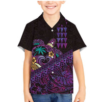 Hawaiian Abstract Sea Turtle Family Matching Mermaid Dress and Hawaiian Shirt Polynesian Tapa Art and Kakau Tattoo Purple WaterColor LT03 Son's Shirt Black - Polynesian Pride