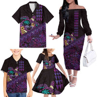 Hawaiian Abstract Sea Turtle Family Matching Off The Shoulder Long Sleeve Dress and Hawaiian Shirt Polynesian Tapa Art and Kakau Tattoo Purple WaterColor LT03 - Polynesian Pride