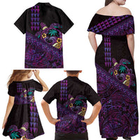 Hawaiian Abstract Sea Turtle Family Matching Off Shoulder Maxi Dress and Hawaiian Shirt Polynesian Tapa Art and Kakau Tattoo Purple WaterColor LT03 - Polynesian Pride