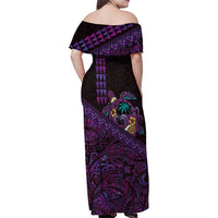 Hawaiian Abstract Sea Turtle Family Matching Off Shoulder Maxi Dress and Hawaiian Shirt Polynesian Tapa Art and Kakau Tattoo Purple WaterColor LT03 - Polynesian Pride