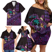 Hawaiian Abstract Sea Turtle Family Matching Off Shoulder Short Dress and Hawaiian Shirt Polynesian Tapa Art and Kakau Tattoo Purple WaterColor LT03 - Polynesian Pride