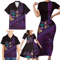 Hawaiian Abstract Sea Turtle Family Matching Short Sleeve Bodycon Dress and Hawaiian Shirt Polynesian Tapa Art and Kakau Tattoo Purple WaterColor LT03 - Polynesian Pride