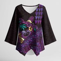 Hawaiian Abstract Sea Turtle Kimono Sleeve Blouse Polynesian Tapa Art and Kakau Tattoo Purple WaterColor LT03 Female Black - Polynesian Pride