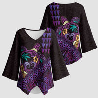 Hawaiian Abstract Sea Turtle Kimono Sleeve Blouse Polynesian Tapa Art and Kakau Tattoo Purple WaterColor LT03 - Polynesian Pride