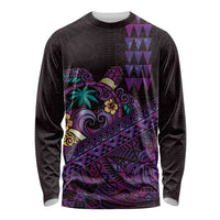 Hawaiian Abstract Sea Turtle Long Sleeve Shirt Polynesian Tapa Art and Kakau Tattoo Purple WaterColor LT03 Unisex Black - Polynesian Pride