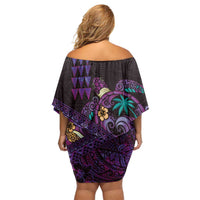 Hawaiian Abstract Sea Turtle Off Shoulder Short Dress Polynesian Tapa Art and Kakau Tattoo Purple WaterColor LT03 - Polynesian Pride