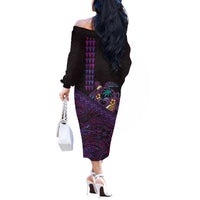 Hawaiian Abstract Sea Turtle Off The Shoulder Long Sleeve Dress Polynesian Tapa Art and Kakau Tattoo Purple WaterColor LT03 - Polynesian Pride